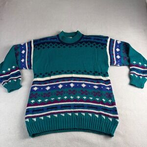 Gina Peters Vintage Teal Geometric Fair Isle Knit Sweater Women's Medium 80s 90s